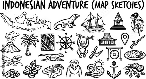 Indonesian Adventure Map Sketches: Black and White Line Art Icons for Travel and Culture