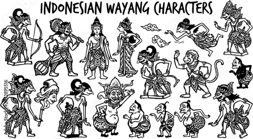 Photography Indonesian Wayang Characters - Traditional Black and White Line Art Vector Illus