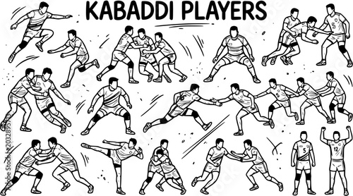 Kabaddi Players Hand Drawn Black and White Line Art Vector Set for Sports and Athletic Industry, Depicting Dynamic Athletes in Action Poses