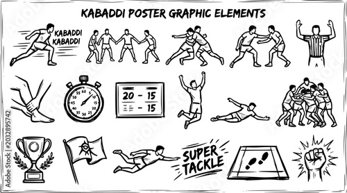 Kabaddi Sport Graphic Elements: Line Art Illustrations of Players, Trophy, Stopwatch, Flag, Court