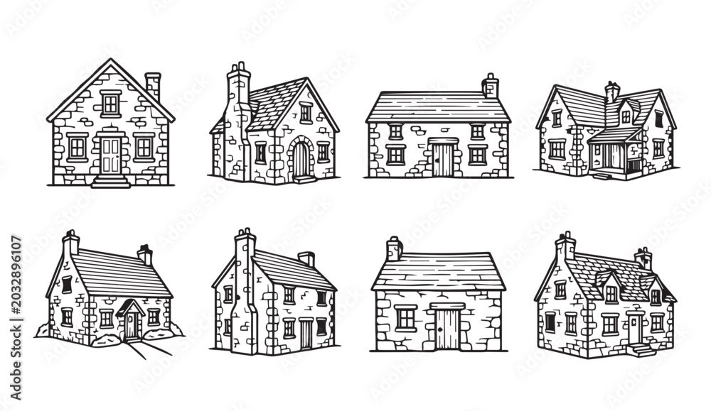 Fototapeta premium Collection of hand-drawn stone cottages with chimneys in a simple line art style