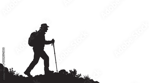 Photos Silhouette of a lone hiker trekking uphill with a backpack and walking stick