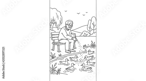 An elderly man sitting on a park bench feeding a group of ducks in a pond.