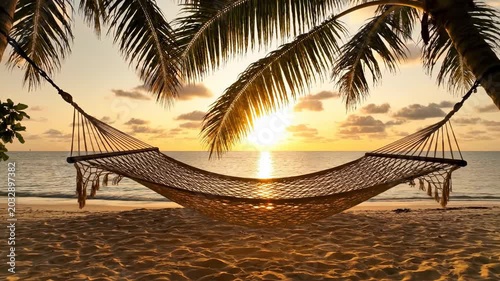 Hammock between palm trees on tropical beach at sunset