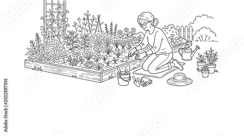 Foto A woman kneeling and tending to her lush vegetable garden in a peaceful outdoor setting