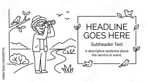 Quadro su tela A line art illustration of an elderly person wearing a hat and using binoculars to observe nature