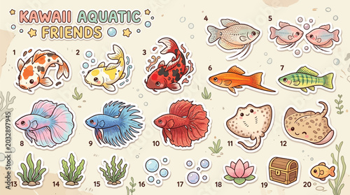 Photos Kawaii Aquatic Friends Collection: Cute Cartoon Fish and Ocean Creatures Sticker Set