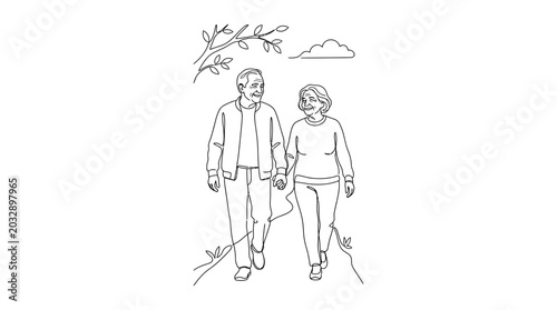Canvastavla Line art illustration of an elderly couple walking together outdoors