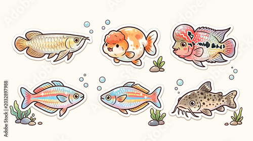 Photos Collection of six adorable cartoon-style freshwater aquarium fish illustrations with bubbles and aquatic plants