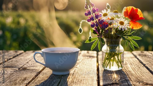 Hot drink steaming in cup with flowers on wooden table