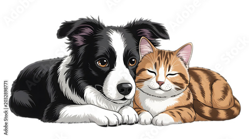 A high-quality PNG illustration of an adorable Border Collie dog and tabby cat lying down together i