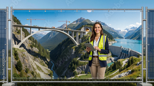 A woman standing in front of a large screen with a picture of a bridge