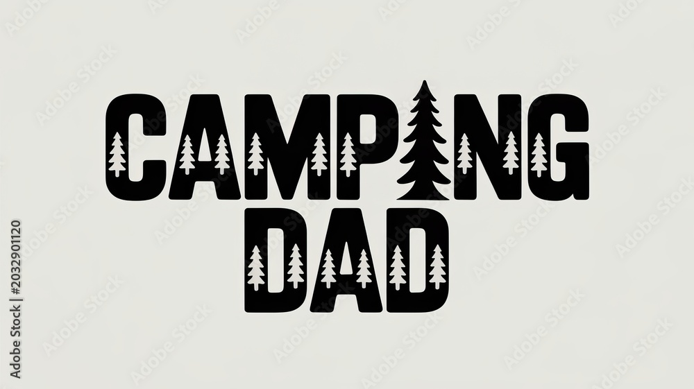 Obraz premium Black typography design featuring the words camping dad with integrated pine tree silhouettes for fathers day