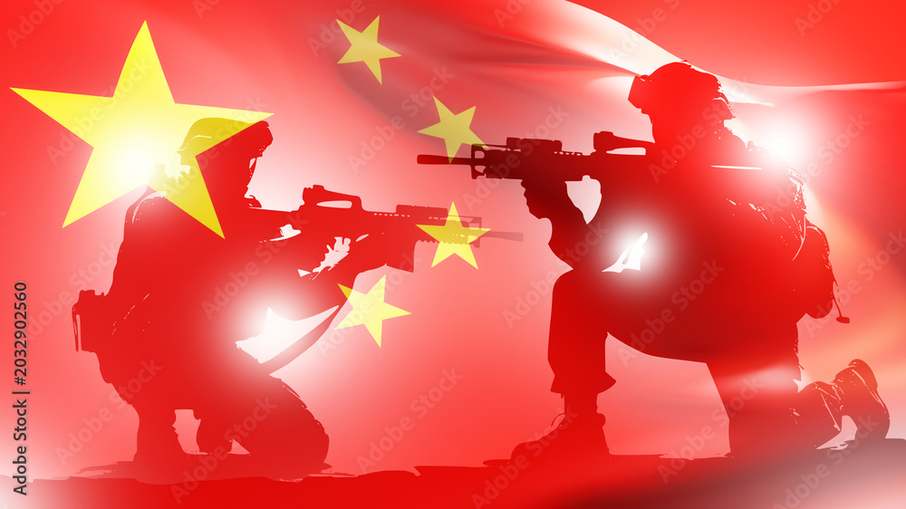 Fototapeta premium Military, defense concept. Armed soldiers in silhouette aim rifles against the Chinese flag, symbolizing army power, national security and combat readiness 3D image