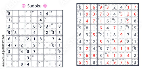 Sudoku puzzle grids with solutions displayed in red