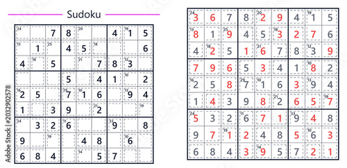 Schilderij op canvas Sudoku puzzle grid with solved and unsolved sections displayed