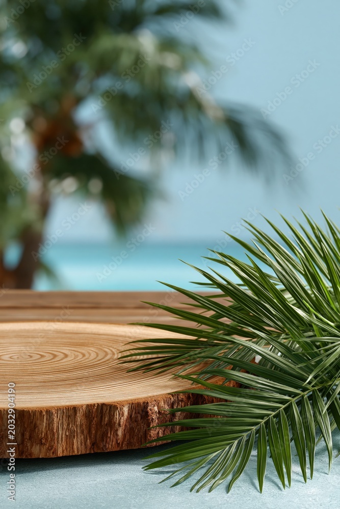 Obraz premium Wooden display slab resting with palm fronds at beach background