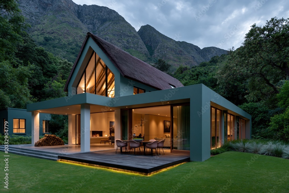 Fototapeta premium Modern villa glowing at dusk on landscaped mountain lot