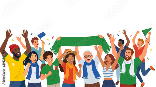 Foto Diverse group of enthusiastic sports fans cheering and celebrating together