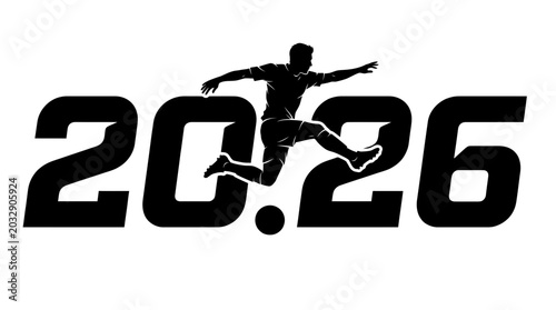Black silhouette of a soccer player integrated into the year 2026 text design.