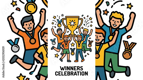 Slika na platnu Group of happy people celebrating victory with gold trophies and medals