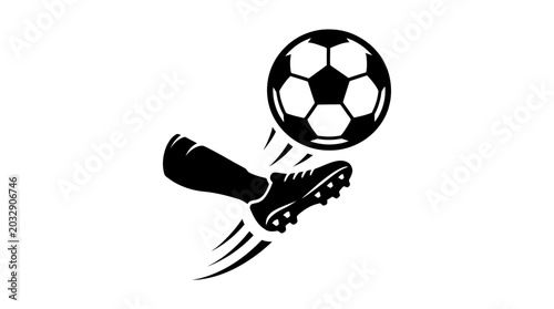 A high contrast black and white graphic illustration of a soccer player kicking a ball.