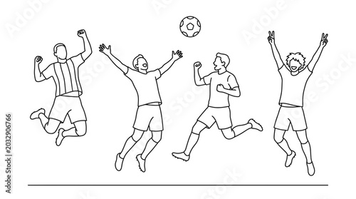 Photos Line art illustration of four soccer players celebrating a goal with a ball in the air