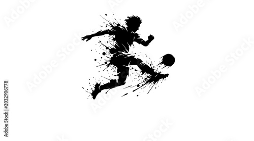 Photos Dynamic silhouette of a soccer player kicking a ball with artistic ink splatter effect