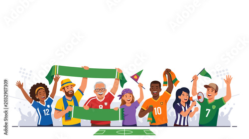 Diverse group of enthusiastic soccer fans cheering and holding scarves at a stadium.
