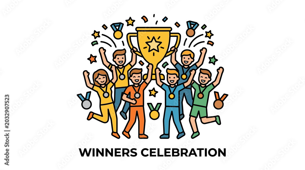 Obraz premium A group of diverse people celebrating their victory with a large golden trophy and medals.