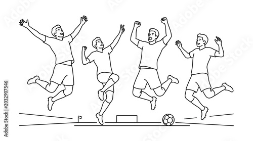 Fotografie Group of four soccer players celebrating a victory by jumping in the air