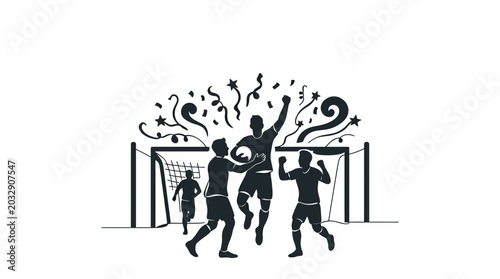 Konstfotografi Silhouetted soccer players celebrating a goal on the field.