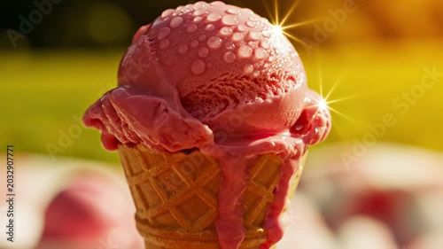 Pink ice cream melting in waffle cone