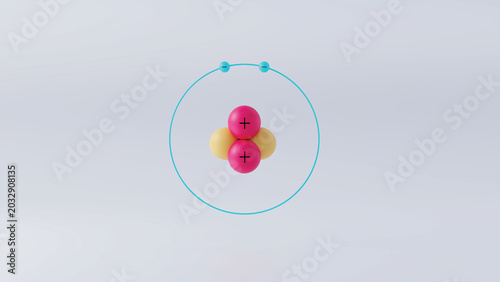 3d illustration of simplified atom model with protons in nucleus and orbiting electrons 