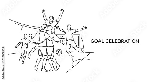 A continuous line drawing of a soccer team celebrating a goal on the field.