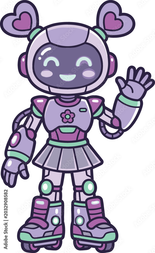 Obraz premium Cute cartoon female robot character with heart shaped pigtails waving hello and wearing roller skates isolated on white background vector illustration