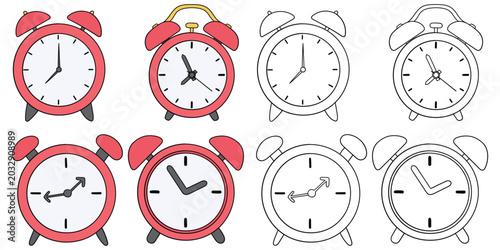 Slika na platnu Hand-drawn cartoon and doodle set of alarm clocks on a white background