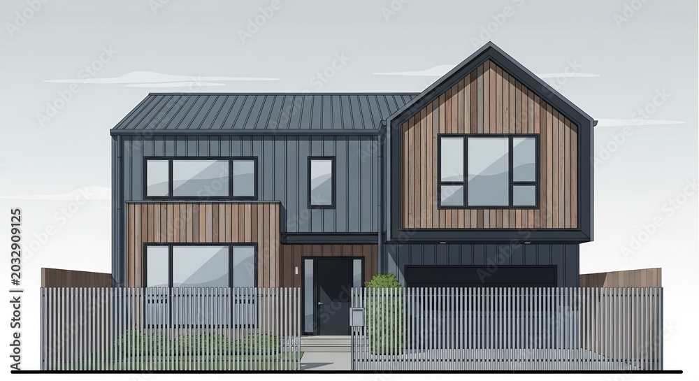 Fototapeta premium Modern Two Story Residential House Illustration with Timber and Metal Siding Facade Design