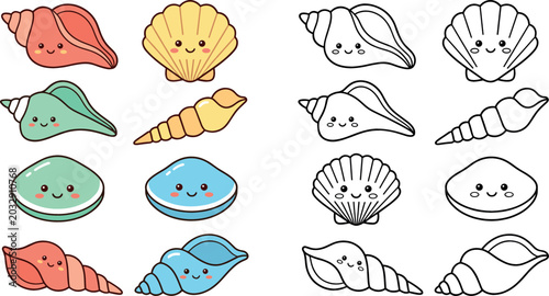 Foto Set of cute cartoon seashell characters in color and black and white outline inc