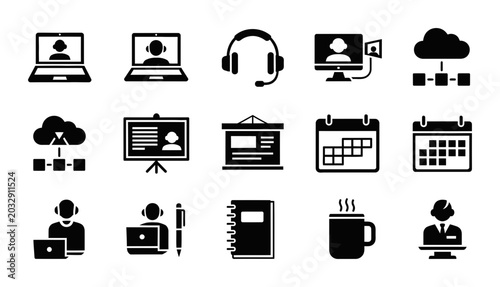 Obraz na plátně Remote Work Icons, Business Communication Symbols, Office Routine Set, Vector Gr