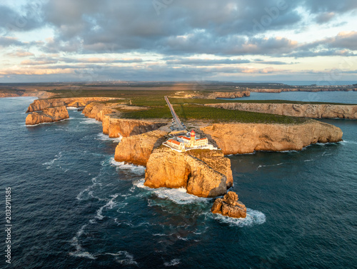 Bilde på lerret Drone view of the Lighthouse of Cabo de Sao Vicente in Sagres, Algarve, Portugal