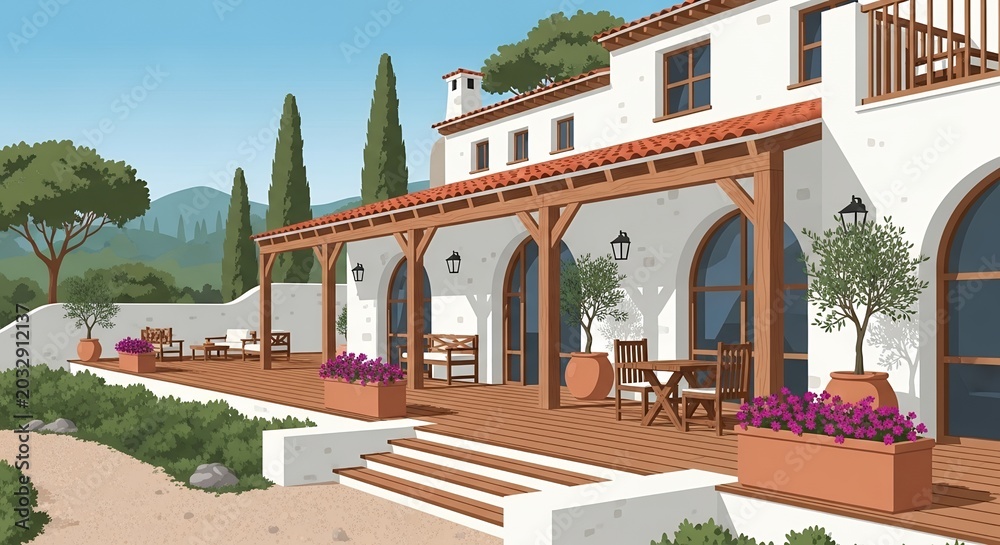 Fototapeta premium Mediterranean Villa Exterior with Wooden Deck Terrace and Scenic Mountain Landscape Illustration