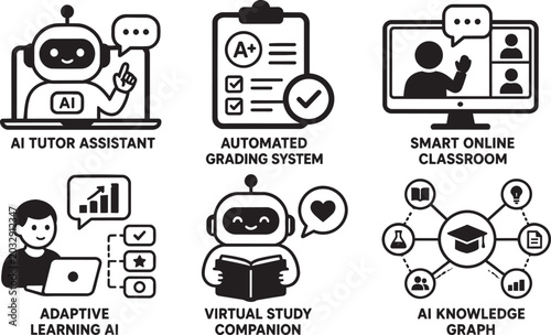 Fotografía AI education icons, artificial intelligence learning symbols, chatbot tutor grap
