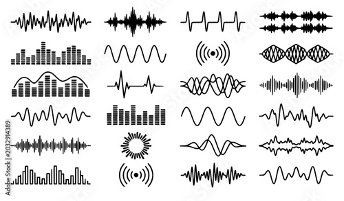 Photos Audio sound wave collection with black music frequency visualizer vector element