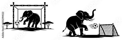 Fotografie Elephants playing soccer and kicking a ball toward a goal stencil vector style
