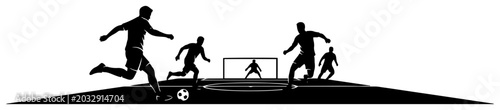 Tableau sur toile soccer players playing match on field with goalkeeper defending goal post in bla