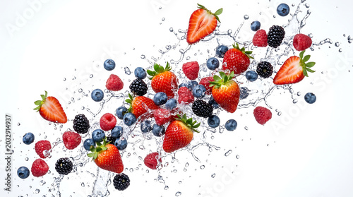 Colorful mixed berries floating dynamically in clear water splash, symbolizing freshness, healthy lifestyle, and vibrant nutrition
