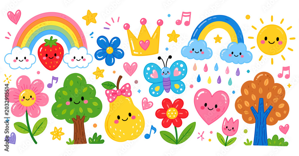 Obraz premium Cute kawaii doodle collection with happy sun rainbow strawberry pear flowers butterfly and hearts