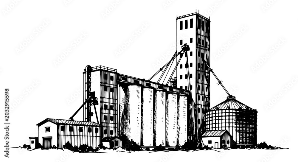 Obraz premium large grain elevator facility with industrial storage silos in hand drawn ink sketch style
