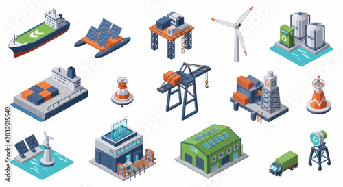 Bilde på lerret Isometric illustrations of various energy and industrial infrastructure